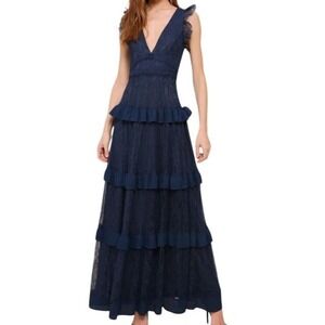 LULUS Navy Tiered Lace Ruffle Maxi Dress M | Deep V‎ Formal Evening Gown